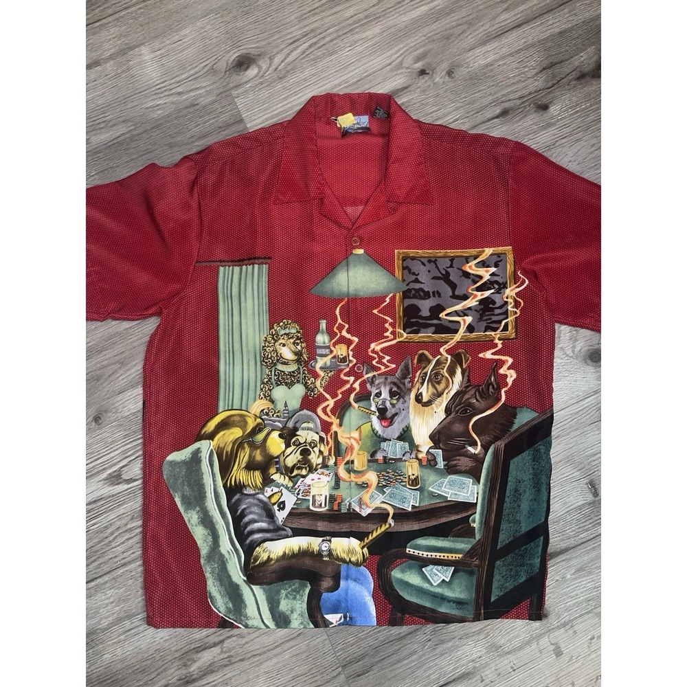Sapphire Lounge Vintage Burgundy‎ Men's Shirt Dogs Playing Poker Graphic Size L